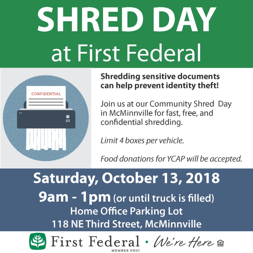 first_federal's tweet photo. Our annual McMinnville Community Shred Day date has been set! #ShredDay #PreventIdentityTheft #McMinnville https://t.co/EsvWLoT5mo