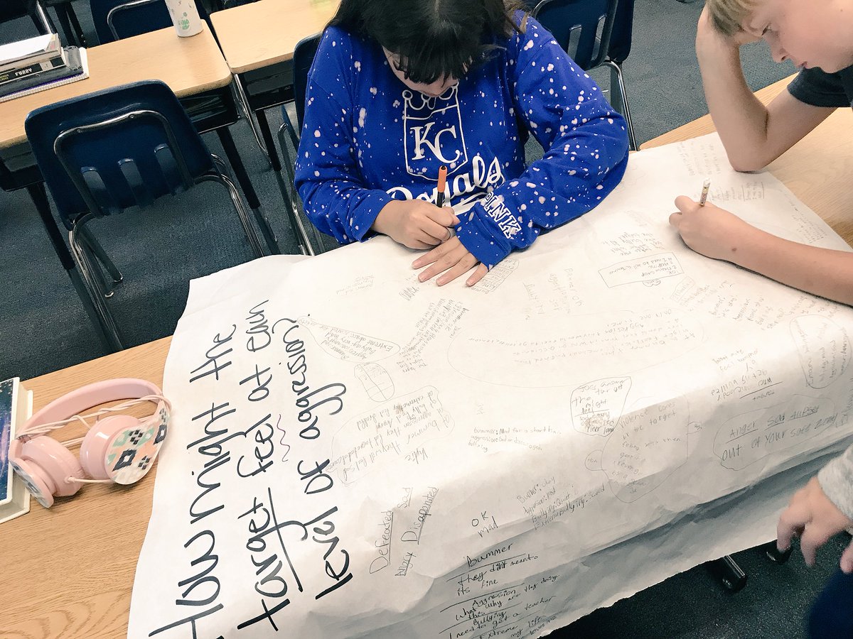 MrsChauvinSW's tweet photo. 5th Ss use tabletop twitter to share how a target, aggressor, bystander or upstander might act & feel at each level of aggression #STOMPOutBullying #opheliaproject #SMSDRightNow #pantherpride512 #chooserespect https://t.co/DgsbhMEiX5