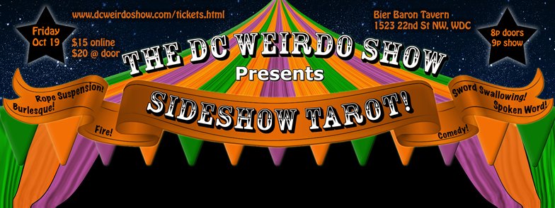 DCWeirdoShow's tweet photo. Fire play, swordswallowing, rope suspension, drag, performance art and comedy burlesque - featuring free tarot readings and cross-cultural tarot history lesson! Don't miss SIDESHOW TAROT on Fri Oct 19 $15 in adv/$20 atd - VIP is SOLD OUT https://t.co/SBEChv8aWb https://t.co/JZx6RgjXNh