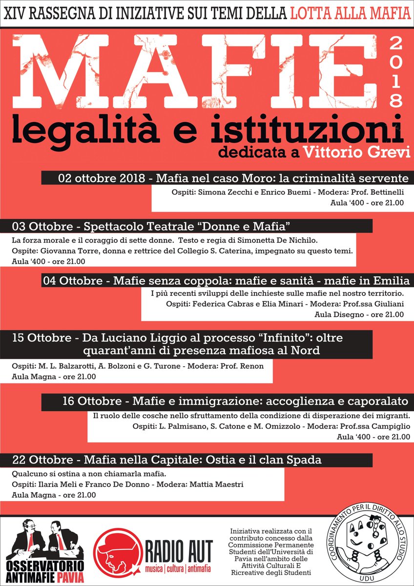 RoseCannuscio's tweet photo. Sta per iniziare l'ottobre più #antimafioso di sempre! @unipv #Pavia #mafie18 @Coord_UDU_PV https://t.co/16dqIvTJRE