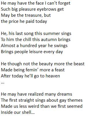 interlinguals's tweet photo. #CharlesAznavour
He may have the face I can’t forget
Such big pleasure eyebrows get
May be the treasure, but
the price he paid today

He, his last song this summer sings
To him the chill this autumn brings
Almost a hundred year he swings
Brings people leisure every day

See imgs https://t.co/6C09II8xoS