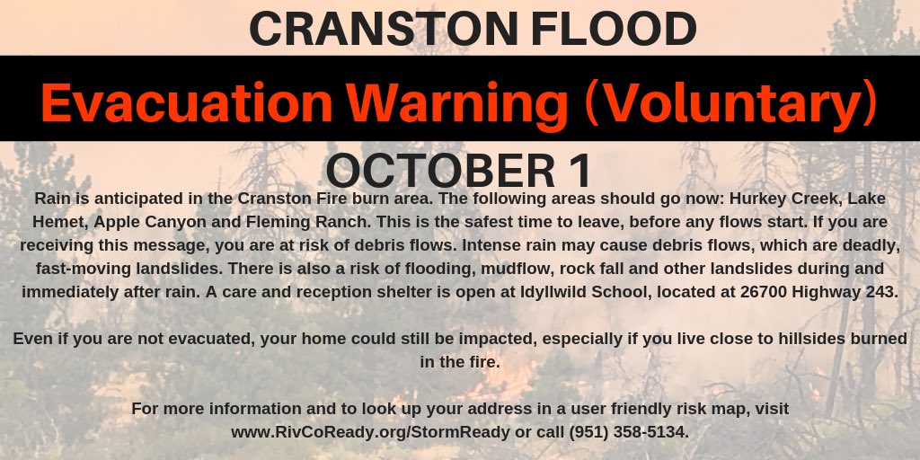 RivCoReady's tweet photo. #CranstonFloodWatch EVACUATION WARNING- Hurkey Creek, Lake Hemet, Apple Canyon, Fleming Ranch should go now, this is safest time to leave. https://t.co/bl3VScP4yr