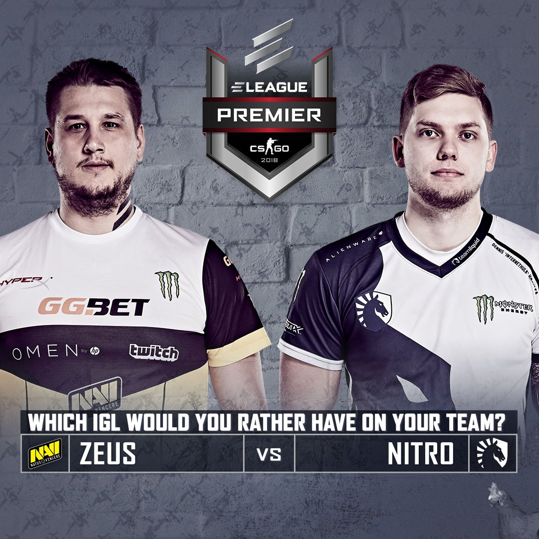 ELEAGUETV's tweet photo. Which IGL would you rather have on your team?
➡️ @ZeusCSGO
➡️ @nitr0
Watch the second Semifinal match highlight of the ELEAGUE #CSGOPremier 2018 between @natusvincere and @TeamLiquid on @TBSNetwork this Friday after MLB Postseason. https://t.co/4zdU2Mgvxd