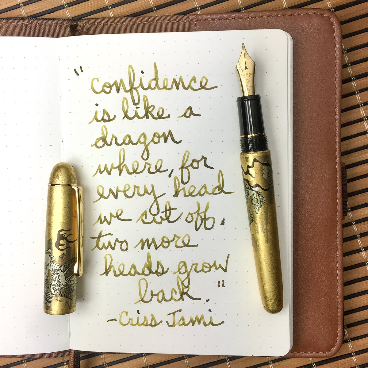 BcreativePhoto's tweet photo. Platinum #3776 Century Kanazawa-haku (Gold Leaf) “Syou-Ryu” (Ascending Dragon) <B> nib inked with Platinum Classic Citrus Black for my @gouletpens #mondaymatchupgiveaway https://t.co/3pbjwnVGqC