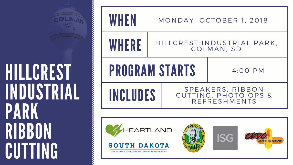HeartlandPower's tweet photo. Join us in #ColmanSD at 4pm to celebrate the grand opening of the Hillcrest Industrial Park. It's one of the latest #CertifiedReady sites in the state! @SDGOED @CrabtreeCasey @isgroupinc #publicpower #industrialpark #econdev #developmentready #grandopening https://t.co/3oFBlTyj7D