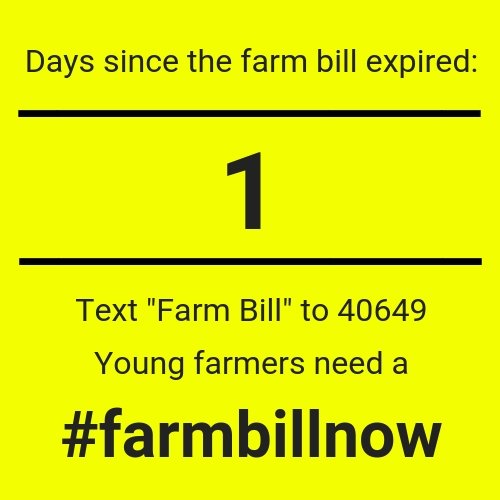 YoungFarmers's tweet photo. The 2014 Farm Bill has officially expired. 

Crucial #youngfarmer programs are on hold or without funding. Tell your Reps this is unacceptable, and that we need a #farmbillnow. Text "Farm Bill" to 40649. https://t.co/npA7aF373h