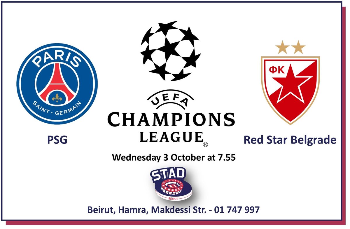 stadrestocafe's tweet photo. #football #championsleague #wednesdaynight #psg #redstarbelgrade #footballseason #hdtv #joinus #cheerup #footballfans #beirut #hamra #caferestaurant #cafe #sportscafe #karaoke #deliciousfood #yummy #tasty #refreshments #nominimumorder https://t.co/sUjzCddn6t