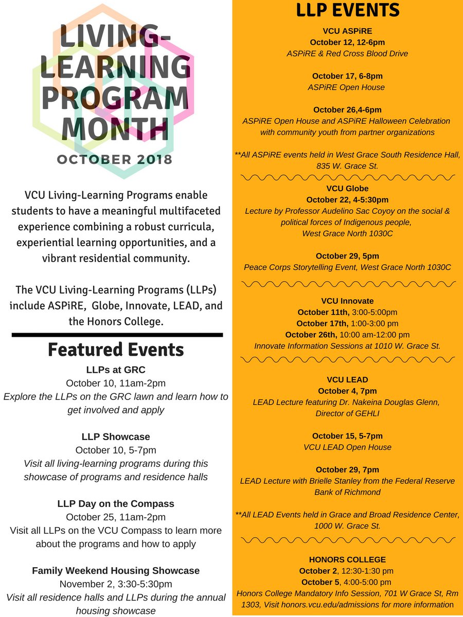 vcu_lead's tweet photo. Did you know that October is Living-Learning Program Month? Want to learn more about the benefits of joining a LLP at VCU? Come out to one of the many events we have during the month of October and find out how you can be involved in LEAD, Globe, ASPiRE, Innovate,&amp; Honors College https://t.co/0mEt4L78VK