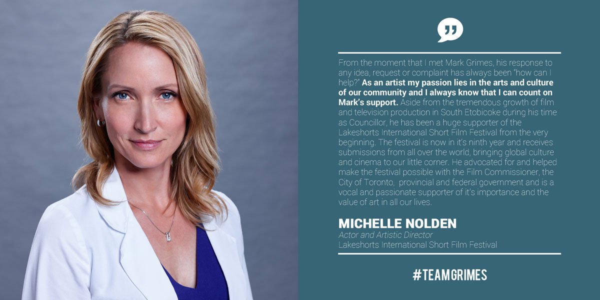 GrimesCampaign's tweet photo. Happy to have the endorsement of Dr. Dawn Bell from @SavingHopeTV aka Mark's good friend @noldenmichelle. Michelle is a #Ward3 resident and Artistic Director of the @LakeshortsFilm Festival. #TeamGrimes https://t.co/f92Gagg8Fx