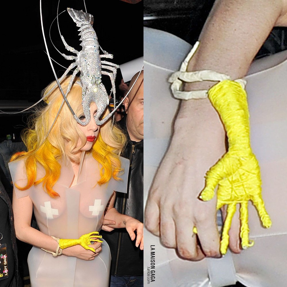 LaMaisonGaga_'s tweet photo. Back in Time: @ladygaga dined at Mr Chow restaurant in a custom #RachaelBarrett silicone jacket and shorts, custom #PhilipTreacy lobster headpiece, custom #GaryCard yellow hand &amp; bone cuff and custom @giorgioarmani crystal glass ankle boots. https://t.co/cQoM2bqWUp