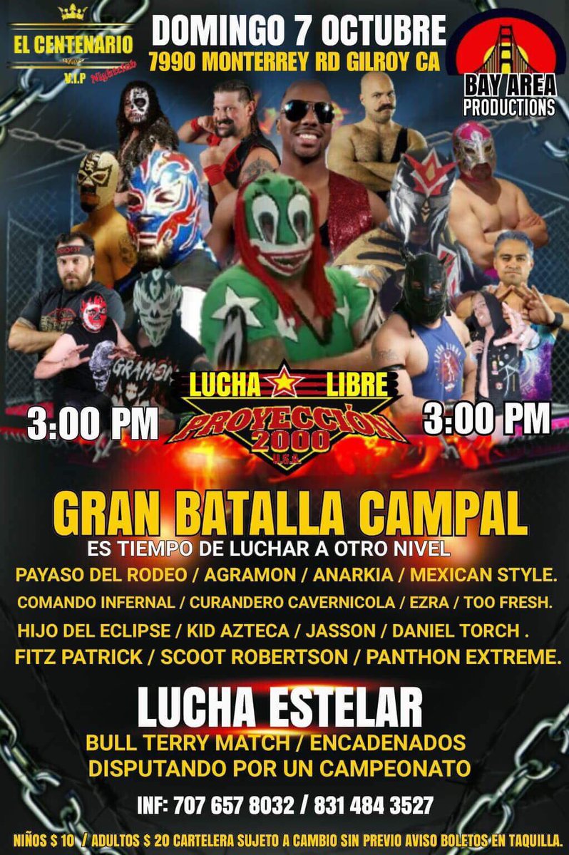 Profreshional2F's tweet image. LUCHA😎✌🏾LIBRE 

Time To Freshen The Scene This Weekend

Sun. Oct. 10th at 3pm

EL CENTENARIO VIP BAR n GRILL
7990 Monterey RD. Gilroy CA

#ddrefresh #toofresh #JustTooFresh #2F #prowrestling #Luchalibre #indywrestling #Bayareaproductions #elcentenario #proyeccion