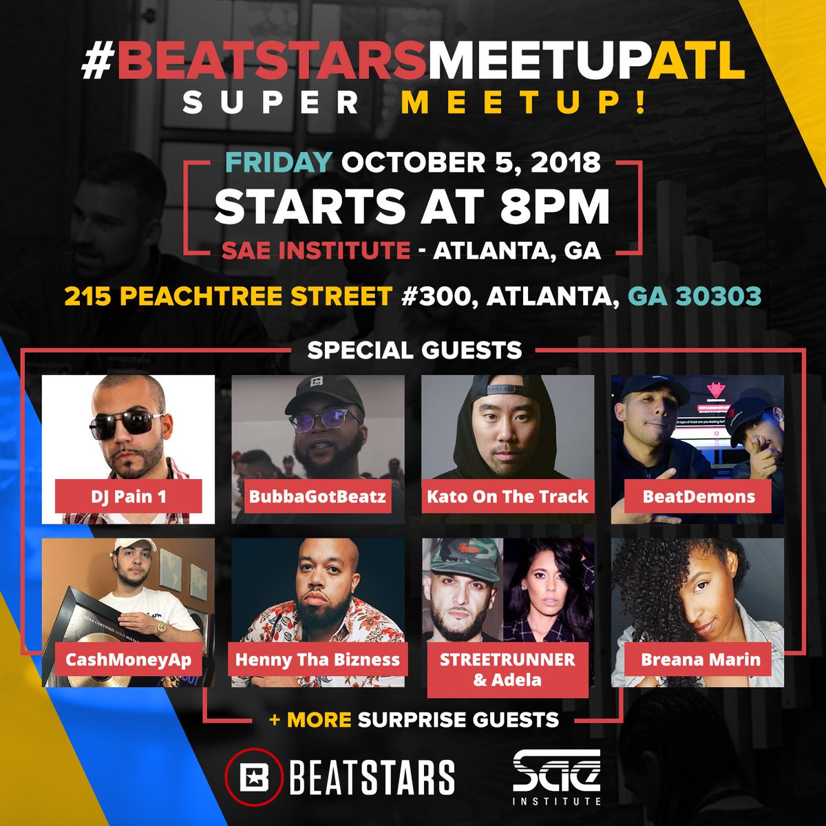 BeatStars's tweet photo. A SUPER #BeatStarsMeetupATL is going down on #Friday 10/5 at @SAEAtlanta, 8PM โ๏ธ
Special guests include @djpain1, @BubbaGotBeatz, @KatoProducer, @BeatDemons, @CashMoneyAp, @hennythabizness, @SRbeats, @adelamusic, @StarGzrLily_ + many more special guests ๐
The event is FREE!! https://t.co/J3h8VifAkq