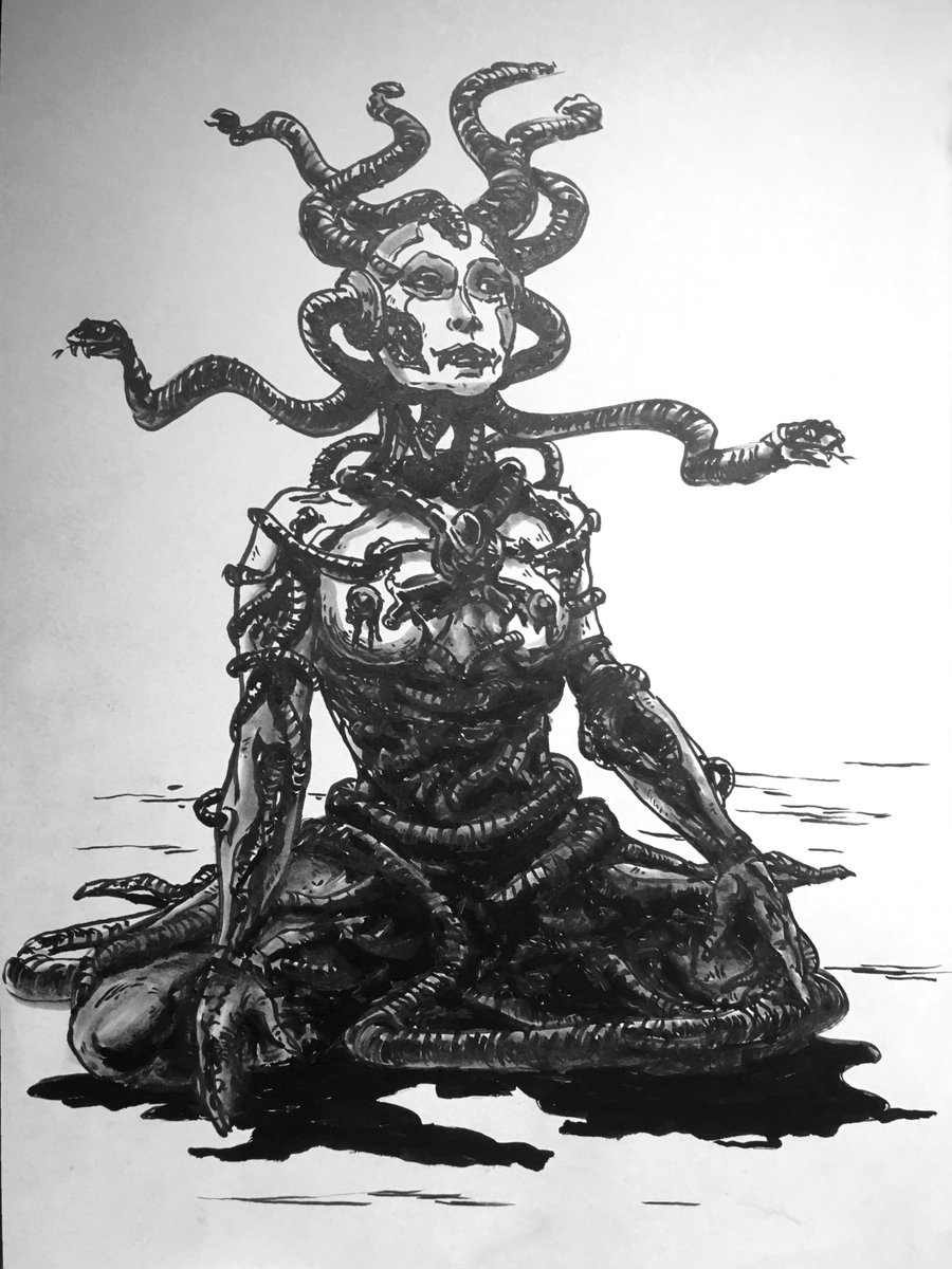 madisepler's tweet photo. 15 minutes late, but here is my entry for #inktober #day1 subject #poisonous. Happy inking everybody!
#inktober2018 #brushpen #comics #characterdesign #conceptart #kuretakebrushpen #medusa #illustration https://t.co/mjQghLsVmd