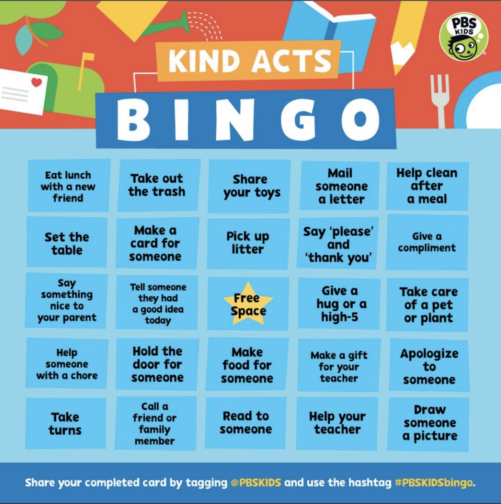 pbsteachers's tweet photo. We’re challenging classrooms and families across the county to a KIND competition this week! Can you get BINGO in the next 5 days? Share your completed BINGO boards using #PBSKindnessWeek https://t.co/GuxBzPXBpa