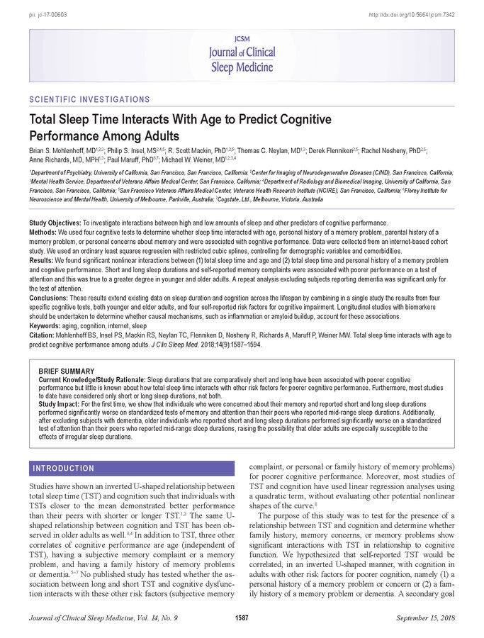 JCSMJournal's tweet photo. Study in JCSM found significant nonlinear interactions between (1) total #sleep time and age and (2) total sleep time and personal history of a #memory problem and #cognitive performance. https://t.co/DzcQJQInW8 https://t.co/9icVccIHVm