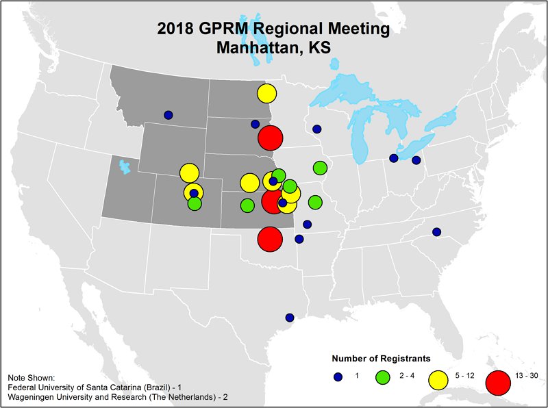 kstate_geog's tweet photo. As of today, 141 people have registered for the 2018 GPRM-AAG regional meeting at Kansas State - see where they are coming from!  #gprm2018 https://t.co/JTe9gj2E0P