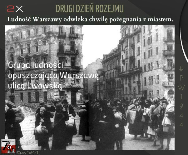 #PW1944 2/2

📍 ŚRÓDMIEŚCIE

EWAKUACJA LUDNOŚCI

🔻 Do wieczora Warszawę opuści blisko 16.000 osób. 90% mieszkańców uporczywie pozostaje w mieście.

🔻 Wmieszany w cywili ze stolicy wychodzi gen. Okulicki NIEDŹWIADEK wyznaczony wczoraj przez BORA na nowego, ostatniego dowódcę AK.