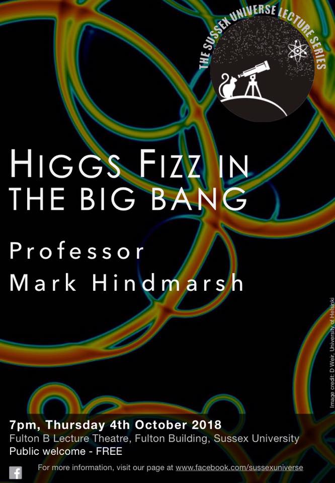 Join us this Thursday for the first instalment in the 2018/19 Sussex Universe Lecture Series.😄
The series is off to a great start with 'Higgs Fizz in The Big Bang' by Professor Mark Hindmarsh. 💥🤩
See you there! 🌌
More info on SULS talks here: 👀bit.ly/2Actbda