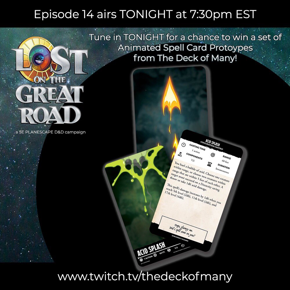 LostOnGreatRoad's tweet photo. Tune in TONIGHT at 7:30pm EST for your chance to win some rad animated spell cards from @TheDeckofMany ! https://t.co/POozZr5pEH
#dnd #giveaway #LotGR https://t.co/ibAfEgZjXH