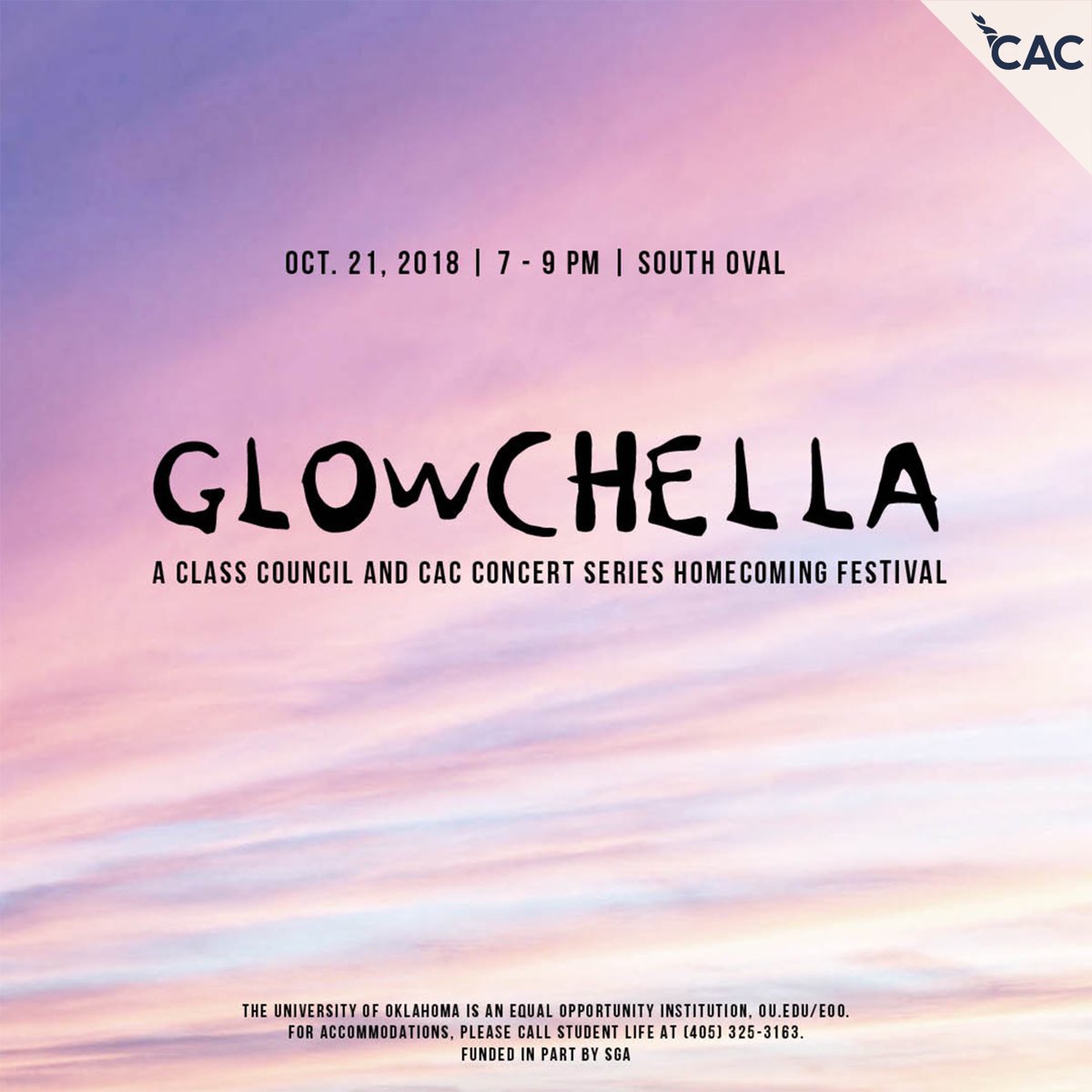 OUCAC's tweet photo. Mark your calendars for CAC Concert Series and Class Council’s Homecoming Kickoff event — Glowchella! Enjoy food, live local bands, and fun activities! Glowchella is FREE and open to ALL OU students. We can’t wait to see you there! https://t.co/M53iIafZKX