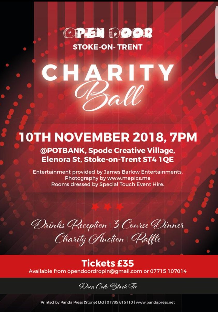 <a href="/OpenDoorSoT/">Open Door S-on-T</a> charity ball tickets are now on sale. Why not have a great night out with friends/colleagues/family &amp; help us raise some much needed funds for our charity. #Homelessness #opendoorcharityball #fundraiser #raffle #auctionprizes <a href="/WhatsOnStaffs/">Staffordshire What's On</a> <a href="/Sotlive/">StokeonTrentLive</a> #sharingiscaring