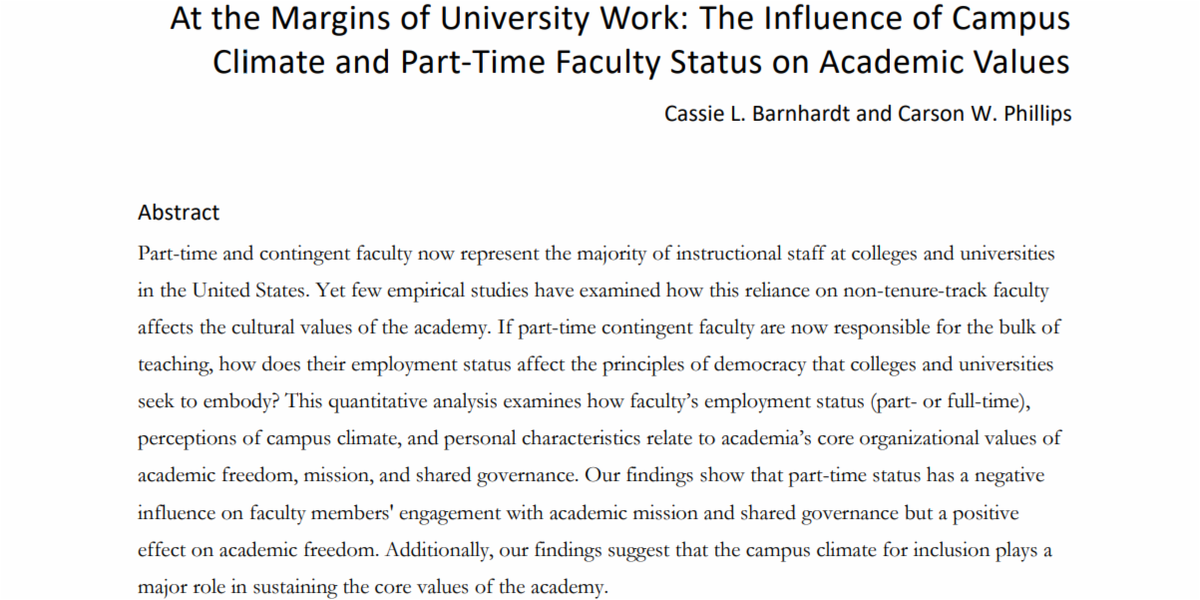 carsonwphillips's tweet photo. New article out: "At the Margins of University Work: The Influence of Campus Climate and Part-Time Faculty Status on Academic Values" @cassbarn @AAUP https://t.co/ZAs8AZcgWh https://t.co/CoVlw4nupt