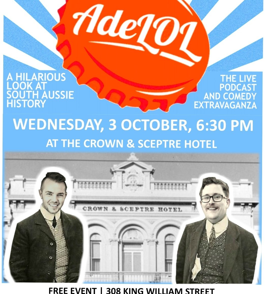 adeLOLpodcast's tweet photo. Tomorrow night at the Crown & Sceptre! Free gig, our TV debut and a cracker of a story. Please come.
#Adelaide #SAHistory #HeapsGoodHistory https://t.co/WOYiEaPaJg
