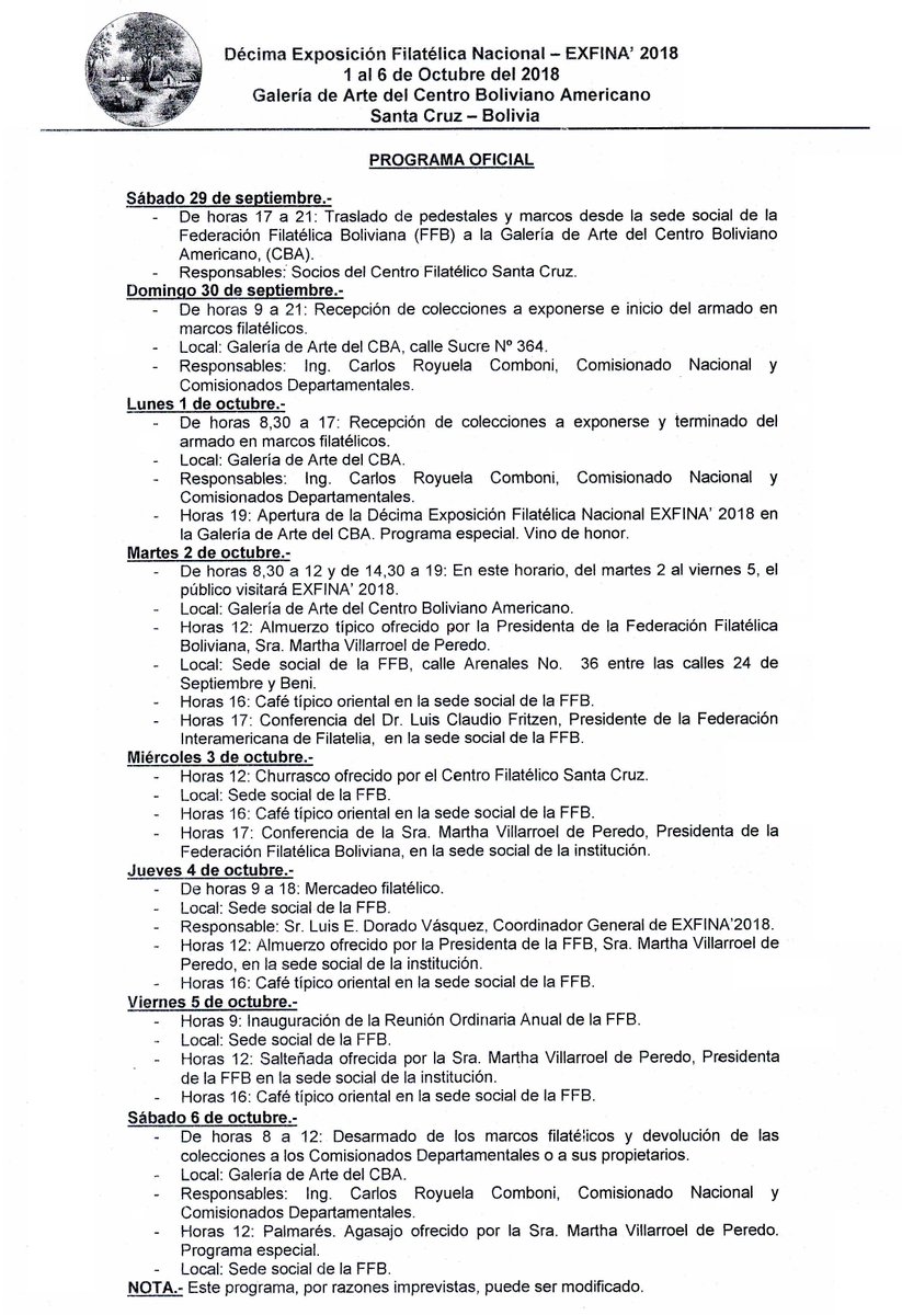 Programa oficial de #EXFINA2018 (Exposición Filatélica Nacional 2018) | #Bolivia #Filatelia