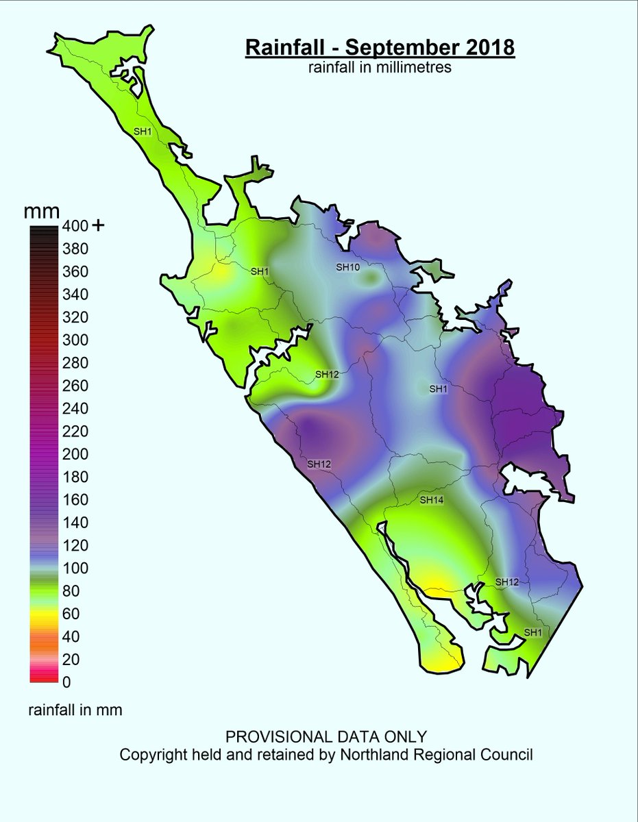NRCexpress's tweet photo. 🌧️ September #rainfallmap for Northland
Most of the Northland Region had less rain that would be expected in September, the exceptions being the area south of Whananaki down to and including the eastern hills and Whangarei Harbour: https://t.co/hcI24UmMoH https://t.co/I5XGktnlLr