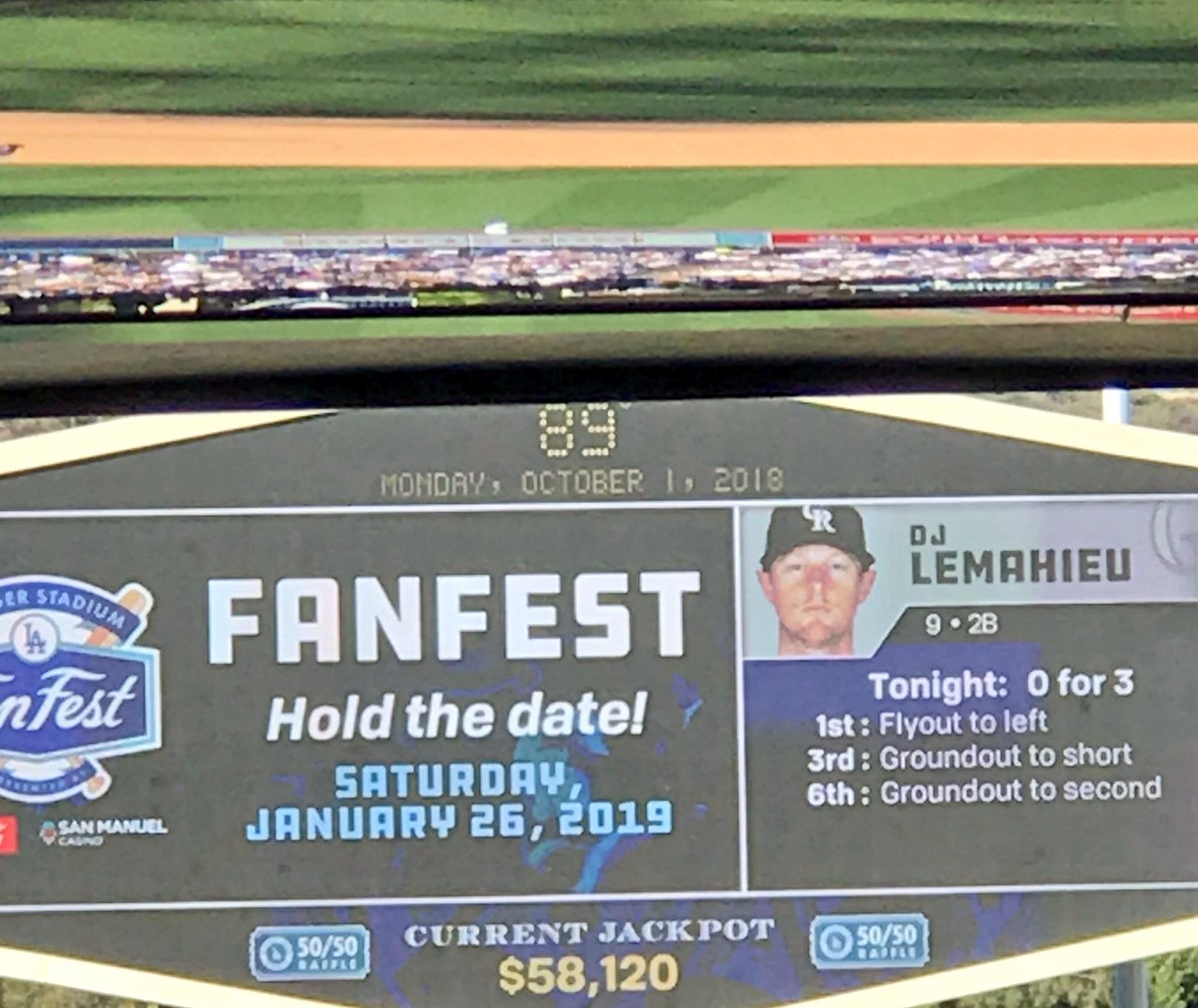 LizHabib's tweet photo. Seems like it’s always 4000 degrees up here during the playoffs. Remember Game 1 of the World Series last year? It was 100 degrees. #DodgersStadium #LAinOctober https://t.co/U1nhFU3isT