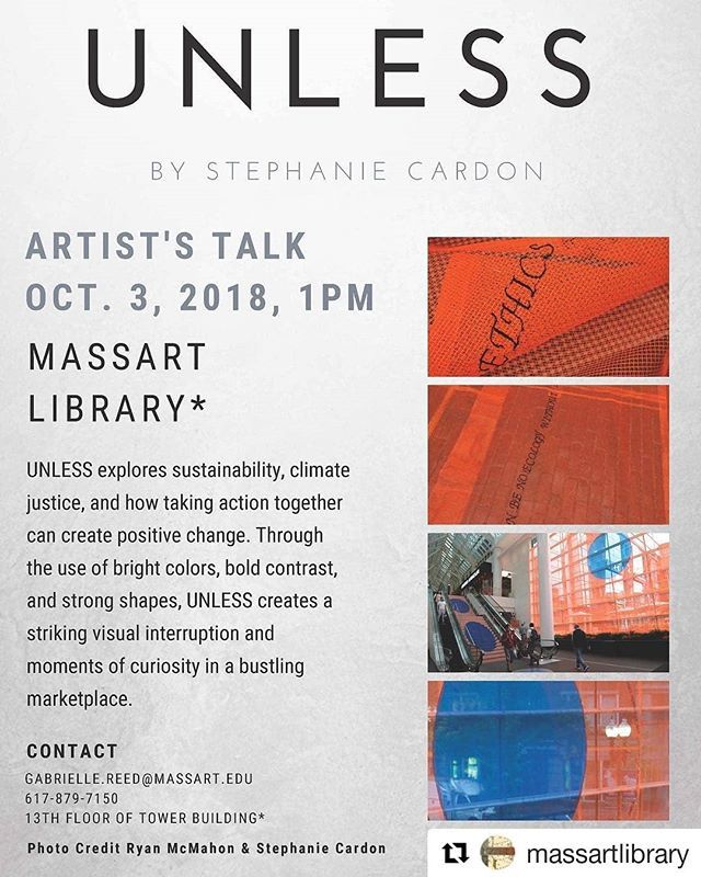 thetriennial's tweet photo. Hear from @wine.dark.sea about creating #UnlessBOS this Wednesday October 3rd at 1pm at the @massartlibrary. #publicart #bostonart #bostonartist #artisttalk #createchange #sociallyengagedart #textiles #fiberart #installationart #regram https://t.co/5OIJZQJrkd https://t.co/o4TviaPpFk