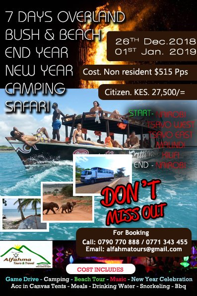 AlfahmaTours's tweet photo. End year Beach &amp; Bush Camping safari. Don't miss out! #camping #backpacker #overland #beach #wildlife #Safari #elephants #newyear #MagicalKenya https://t.co/wbkO19WMXs