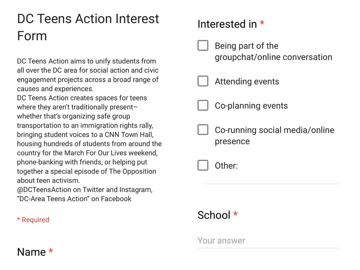 dcteensaction's tweet photo. Interested in joining DC Teens Action? Fill out our interest form! The link is below :)
https://t.co/Xph8C270yu
DC Teens Action aims to unify students from all over the DC area for social action and civic engagement projects across a broad range of causes and experiences. https://t.co/RV6febRtqw