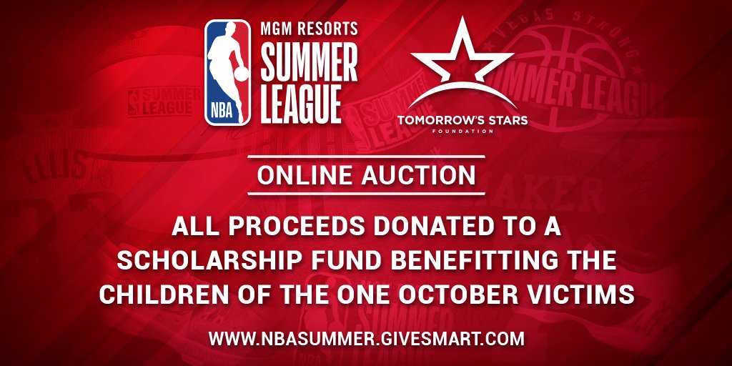 NBA Summer League (@NBASummerLeague) on Twitter photo 2018-10-01 23:37:06 The NBA Summer League is #VegasStronger. We are launching our online auction where fans can bid on #NBASummer memorabilia. Proceeds will be donated to a scholarship fund benefitting the children of the One October victims. Click here to view the items: e.givesmart.com/events/7Fs/i/ The NBA Summer League is #VegasStronger. We are launching our online auction where fans can bid on #NBASummer memorabilia. Proceeds will be donated to a scholarship fund benefitting the children of the One October victims. Click here to view the items: e.givesmart.com/events/7Fs/i/