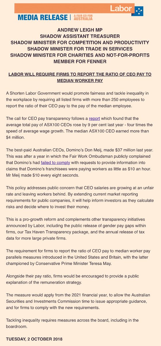 Last year, Australia’s best-paid CEO got $37 million. A Shorten Labor Govt will require all listed firms with more than 250 workers to report the ratio of what their CEO earns to what their median worker earns. andrewleigh.com/labor_will_req… #inequality #transparency #auspol