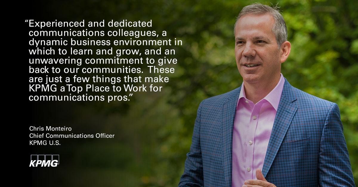 KPMGUS_News's tweet photo. NEWS: @KPMG_US named to @PRNews 2018 Top Places to Work in PR List. Our Chief Communications Officer Chris Monteiro (@VirtualMonteiro) describes what makes our network of communications professionals special. #KPMGProud.  More here: https://t.co/cPyPSpDfXq https://t.co/JLQajkGTAl