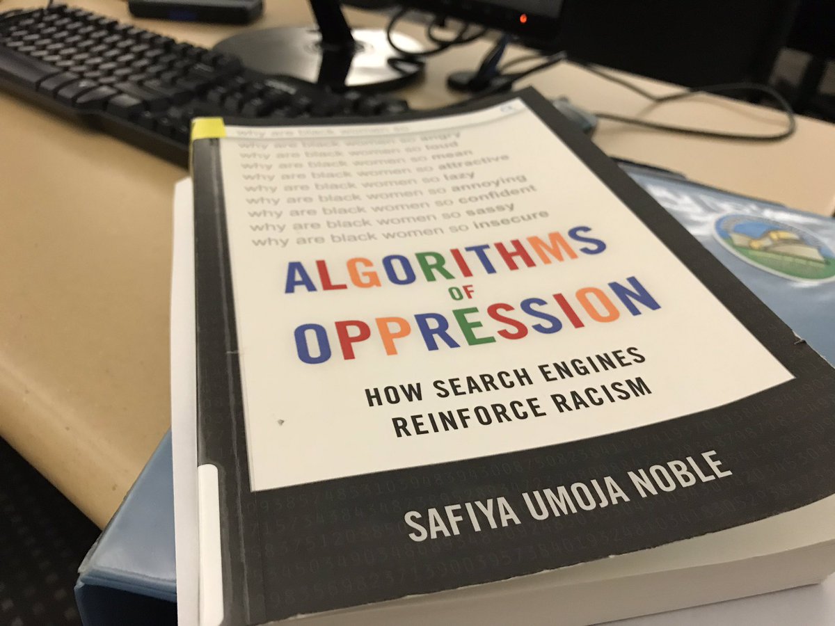 T_Swanson's tweet photo. Tonight in #lis753, Antisocial Media by @sivavaid and Algorithms of Oppression by @safiyanoble. https://t.co/idMHR2G11M