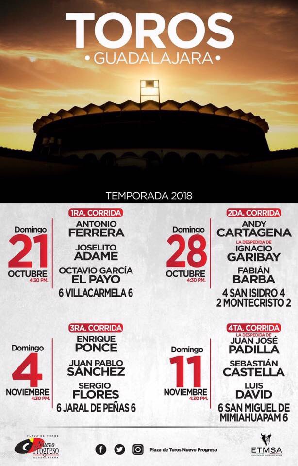 🚩Domingo 4 de Noviembre en Guadalajara.

El matador Juan Pablo Sánchez partirá plaza en Guadalajara.
#Temple