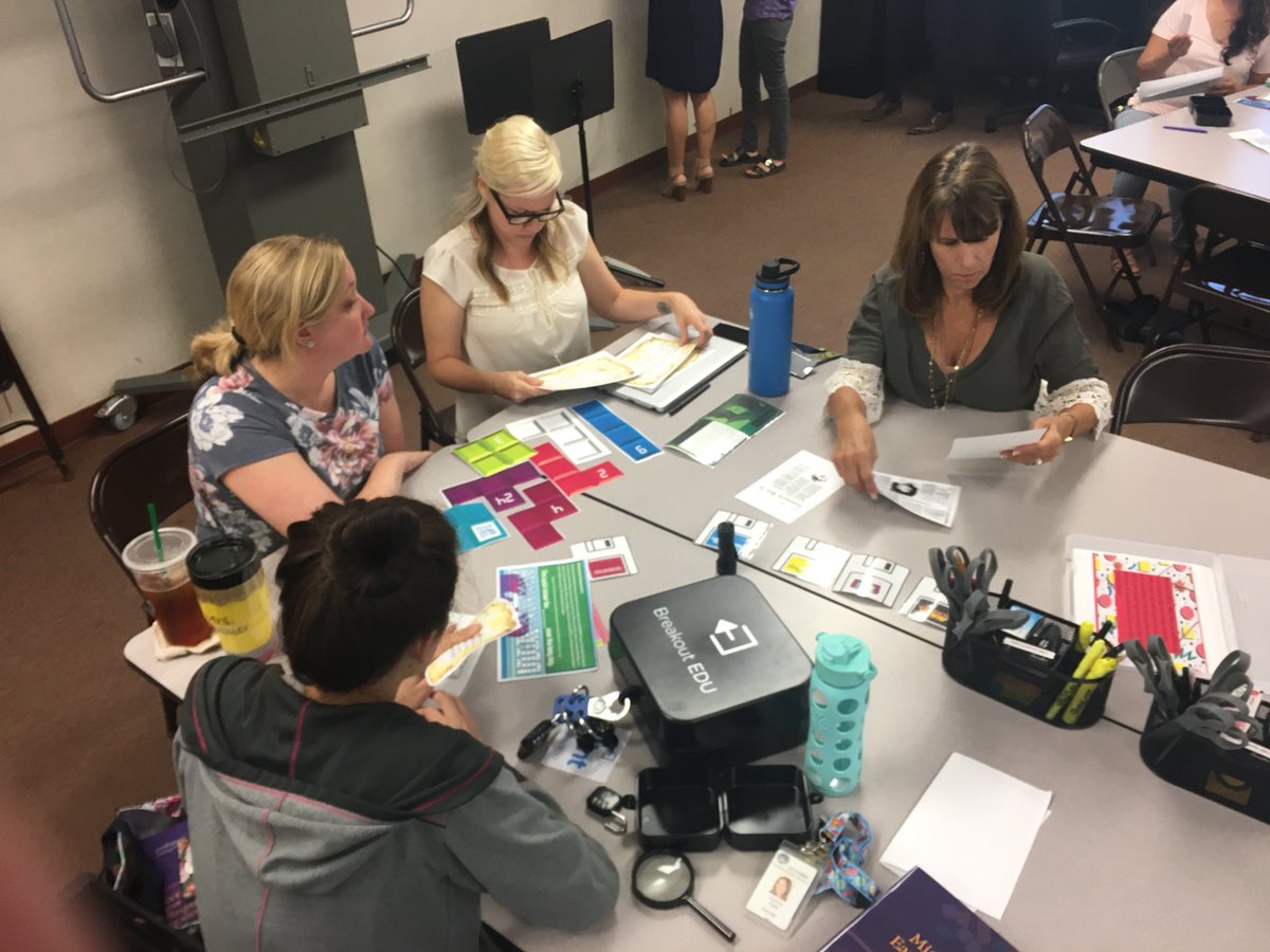 Jencoachlife's tweet photo. 2nd and 3rd grade teachers at Foothill Elementary trying something new.  Let’s think differently.  #AlvordUnified #BreakoutEDU https://t.co/Vuep2dXvM8