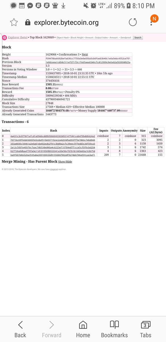 BitcoinMillion1's tweet image. #Bytecoin block with a few transactions displaying the dynamism of the fee.  #Scalibility #Monero #Bitcoin #MonerosFinancieros #bytecoinfoundation #Litecoin #Cryptocurrency #ripple #xrp
