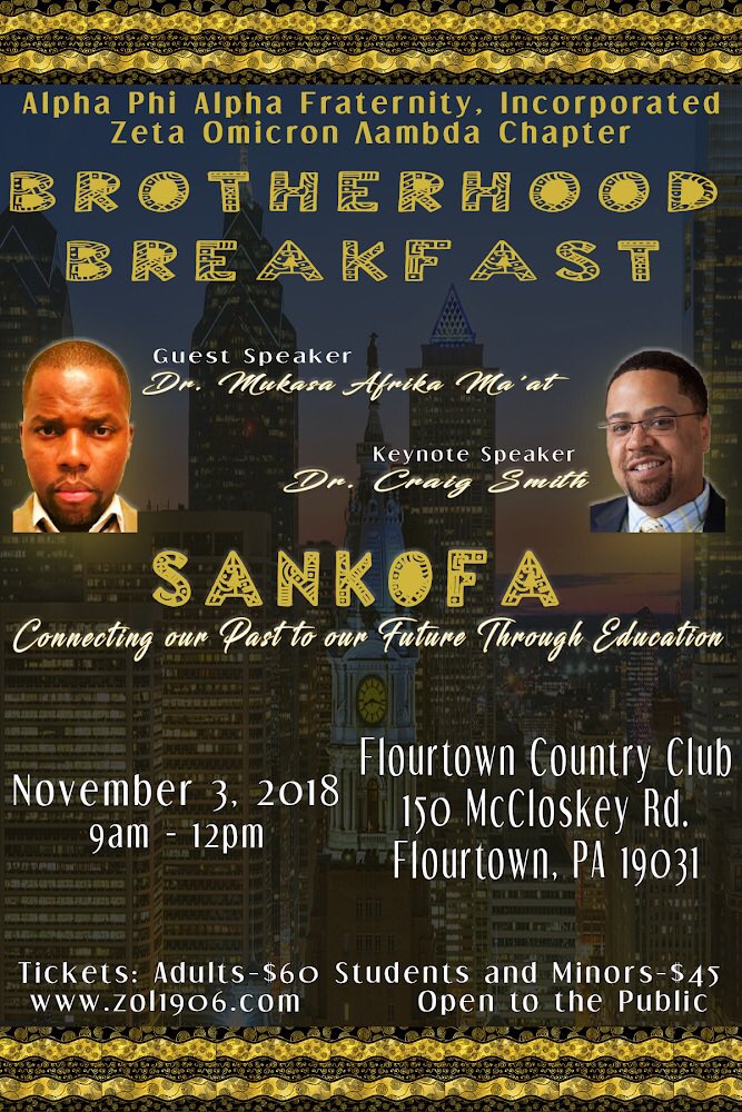 zol1956's tweet photo. Saturday, Nov. 3rd, join the @zol1906 chapter of @apa1906NETwork at our annual Brotherhood Breakfast at the Flourtown Country Club. Purchase tickets at https://t.co/eR6K59VuON. We hope to see you there!
#AlphaPhiAlpha #ZetaOmicronLambda #PhillyAlphas #ZOL2018BrotherhoodBreakfast https://t.co/8DdAbR5NoP