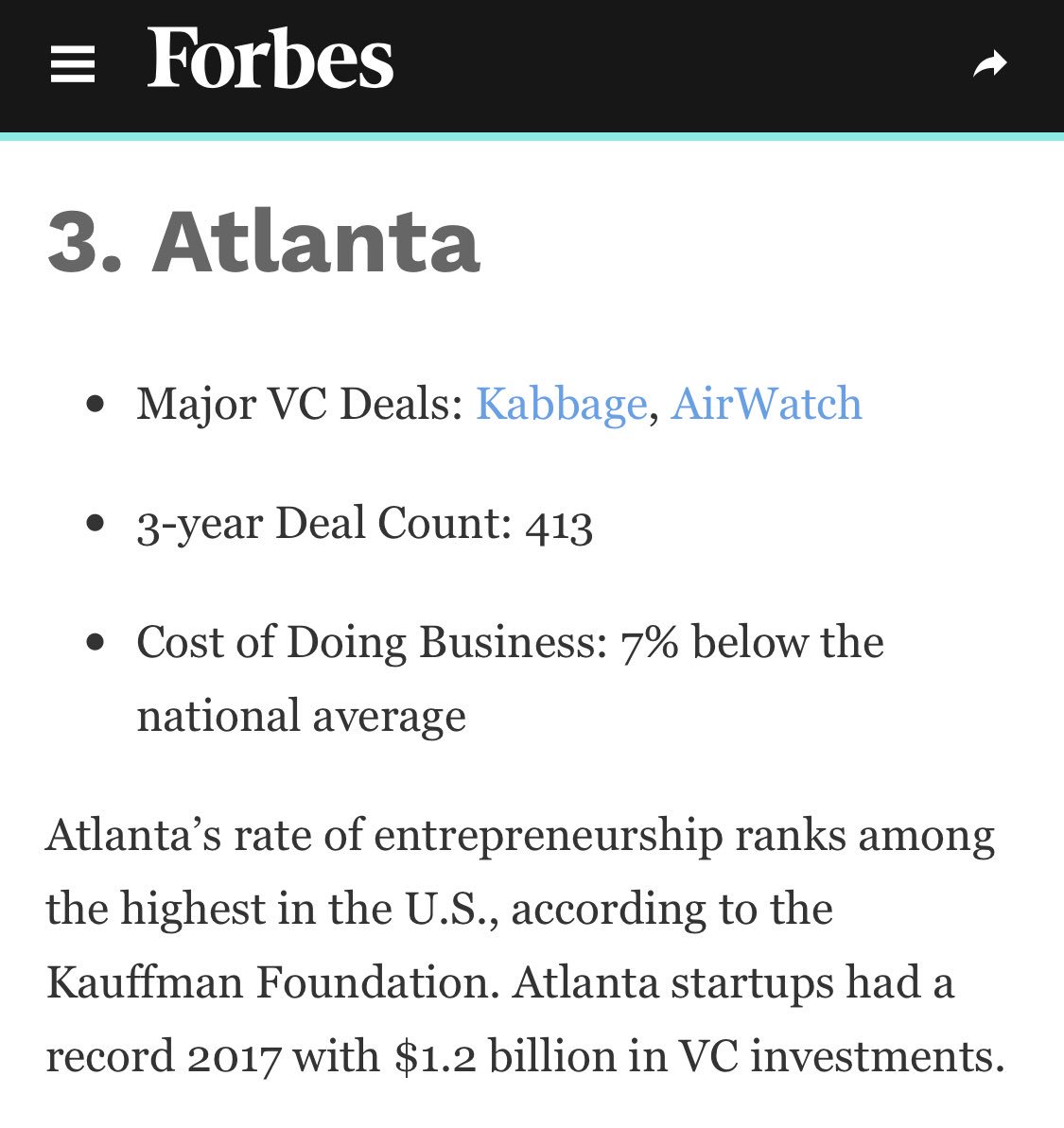 Big news for our city - <a href="/Forbes/">Forbes</a> released a new list for Rising Cities for Startups and Atlanta is #3! They now know what we already did. 😎bit.ly/2Okgswr