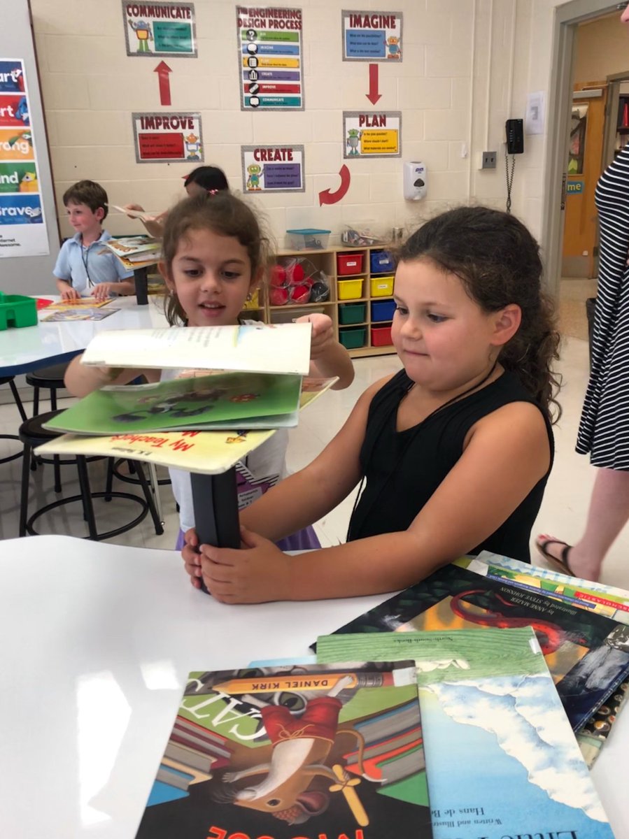 RobDesignLab's tweet photo. First graders made predictions as to which shape would support the most books and tested their predictions. We were amazed with our results! #teamwork #STEAM @RobertsvilleES https://t.co/KTdsF5ndNQ