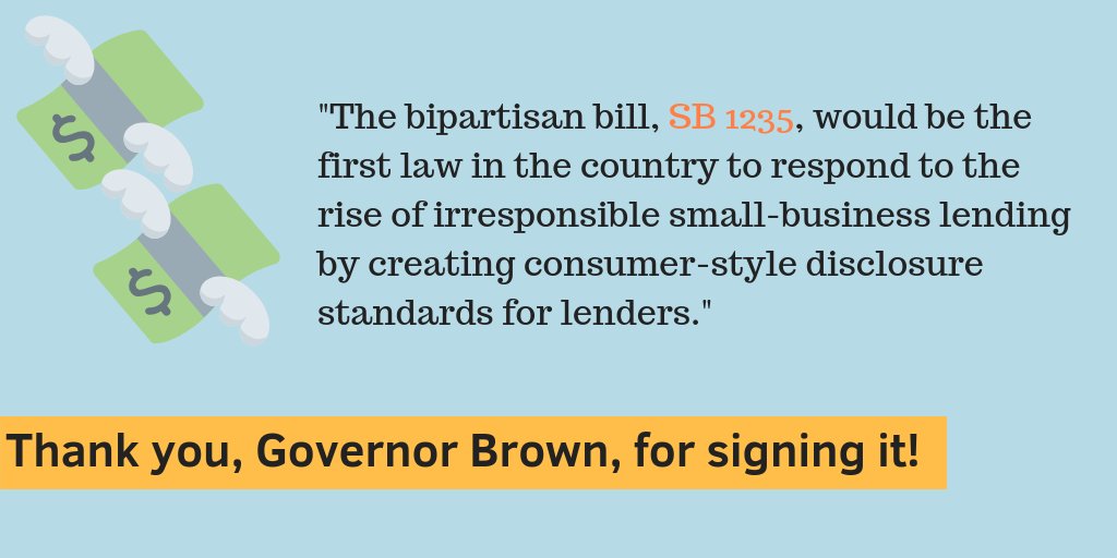 CAMEOnetwork's tweet photo. #SB1235, which @JerryBrownGov just signed, will become the first #TruthInLending bill in the country for #smallbusinesses. Thank you to everyone who pushed for this and to @Steve_Glazer for supporting it! @OpportunityFund @SmlBizMajority @Greenlining @LendingClub https://t.co/ds4Z2Zi75y