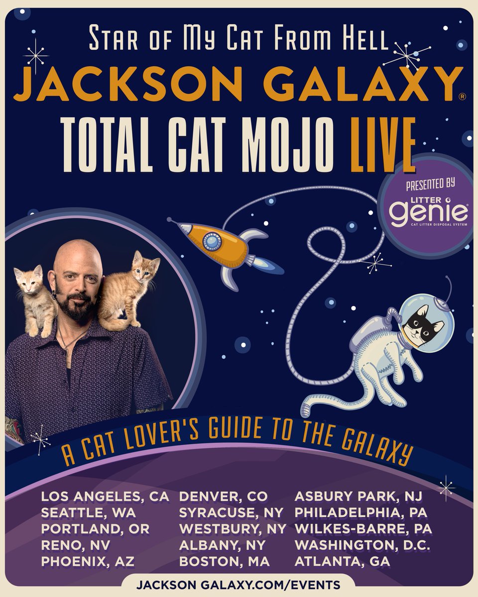 JacksonGalaxy's tweet photo. Hello, #teamcatmojo! Total Cat Mojo Live is on tour again! TICKETS AND MEET &amp; GREET AVAILABLE HERE: https://t.co/mejjwyG3bX https://t.co/Xs6LHaD6sP