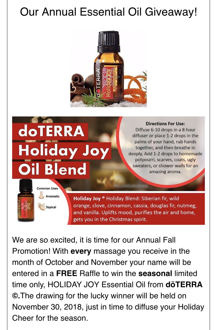 The drawing for the lucky winner will be held on November 30, 2018, just in time to diffuse your Holiday Cheer for the season. #totaltherapymassage #therapeuticmassage #massagetherapy #massage #raffle #promotion #wheatridge #arvada #lakewood #doterra #essentialoils #giveaway