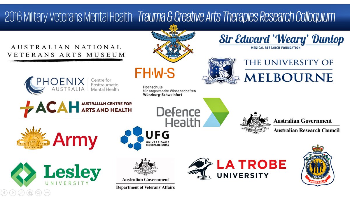 ANVAM310's tweet photo. #ICYMI @ANVAM310 with @unimelb #CATRU @vca_mcm hosted Military Veterans Health: Trauma & Creative Arts Therapies Research Colloquium 2016. Pleased to see growing amount of #research & #evidence for #arttherapy #artsengagement #artsforhealth #artsforwellbeing #veterans #military https://t.co/CAwi4Shhhe