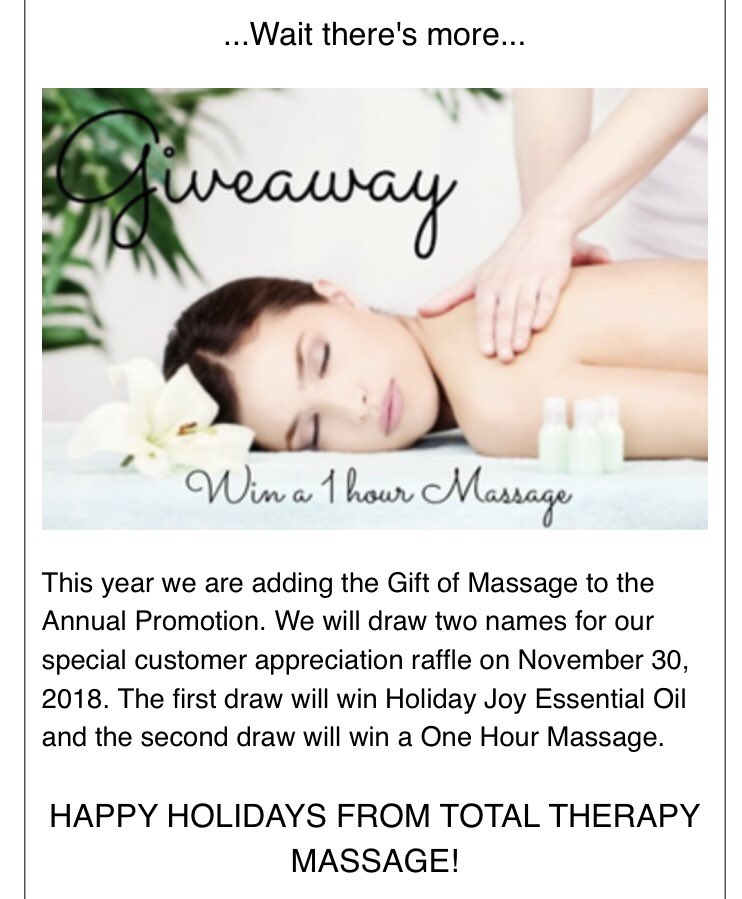 The drawing for the lucky winner will be held on November 30, 2018. #totaltherapymassage #therapeuticmassage #massagetherapy #massage #raffle #promotion #wheatridge #arvada #lakewood #giveaway