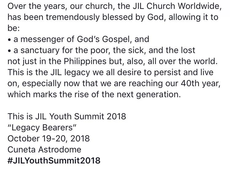 JILWorldwide's tweet photo. This is JIL Youth Summit 2018
“Legacy Bearers” 
October 19-20, 2018
Cuneta Astrodome
#JILYouthSummit2018 https://t.co/faatmSXmBJ