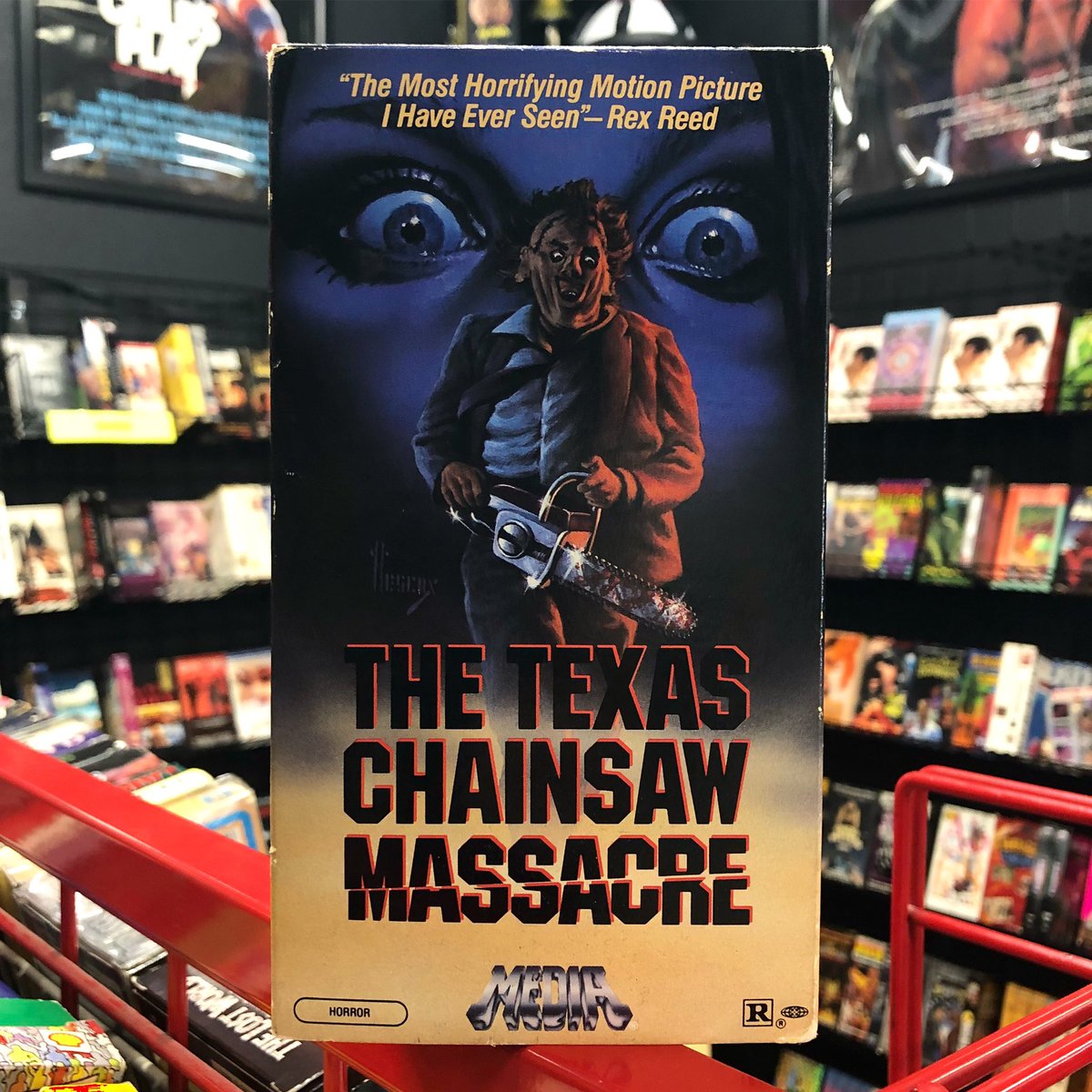 VideoHowdyStop's tweet photo. 44 years ago a cutting cult classic (almost titled Headcheese) released in theaters. The Texas Chainsaw Massacre also had a beautiful VHS release thanks to MEDIA Home Entertainment. Get those reels spinnin' and celebrate a masterpiece in filmmaking! https://t.co/7GLsFoKilH
